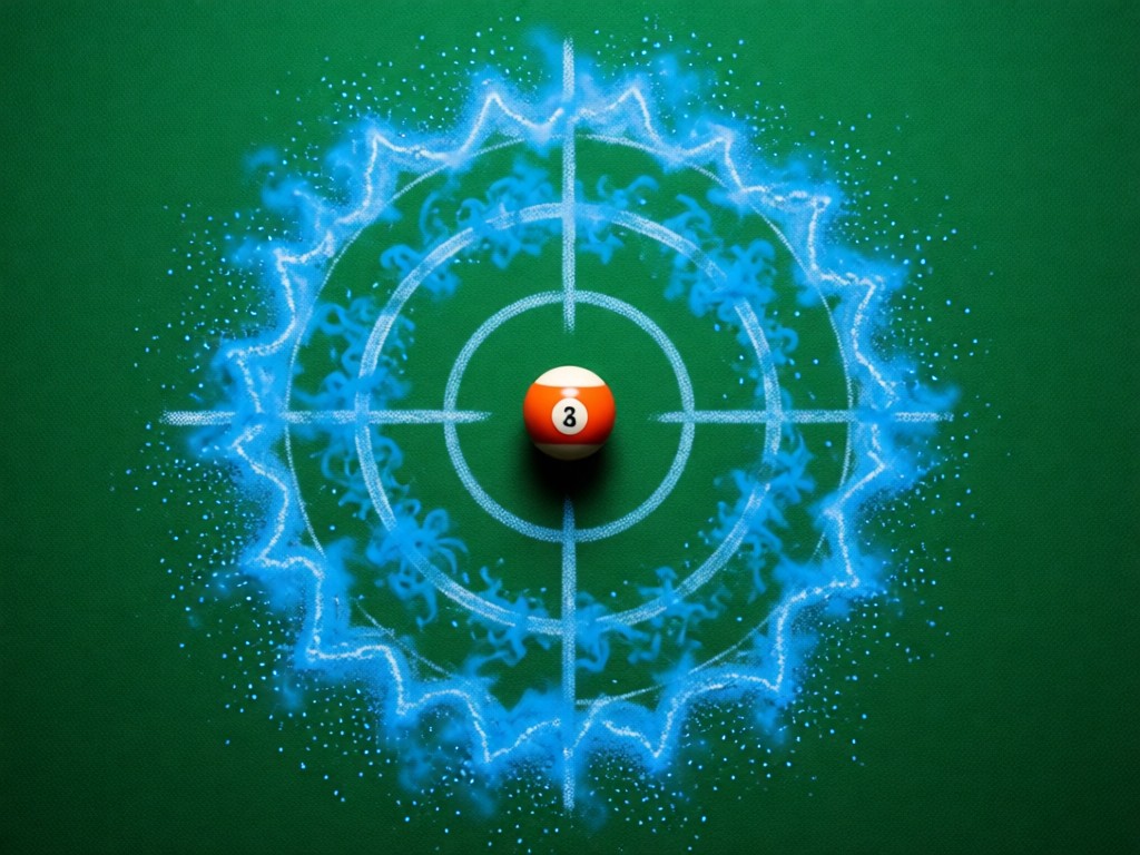 Overhead shot of blue chalk dust scattered on green felt forming a target shape. One pool ball sits precisely at center. Clean, symbolic composition.