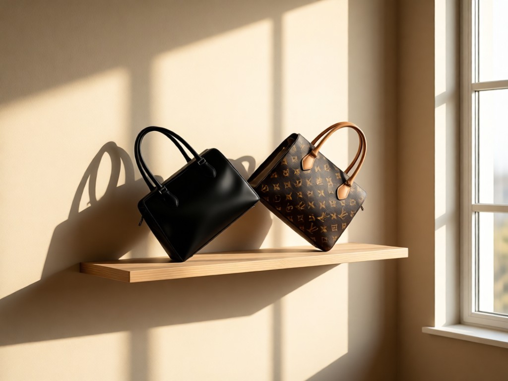 A minimalist floating shelf displaying two designer purses at angles - one black, one signature print. Soft shadows cast on beige wall. Morning light through nearby window. No people.