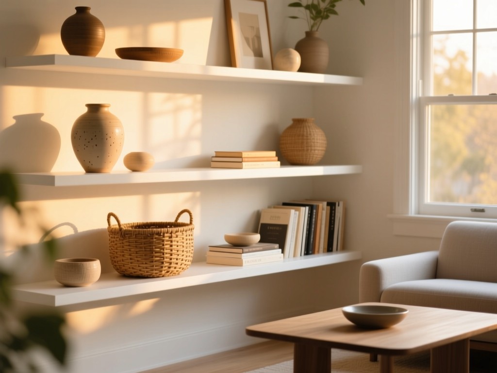 A minimalist white shelf displaying curated home decor items during golden hour - ceramic vase, woven basket, and coffee table books, soft sunlight streaming through nearby window, shallow depth of field, warm natural tones.
