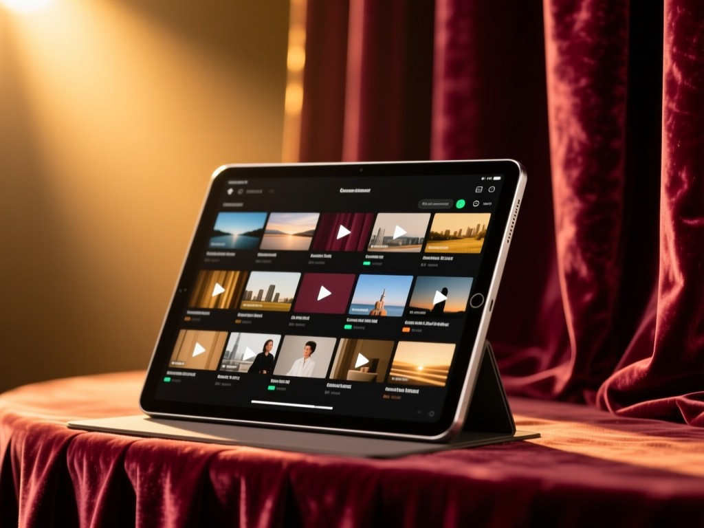 A sleek tablet on a velvet stage curtain during golden hour, screen displaying a curated video reel grid, warm spotlight effect, shallow depth of field, rich burgundy and gold tones, no people.