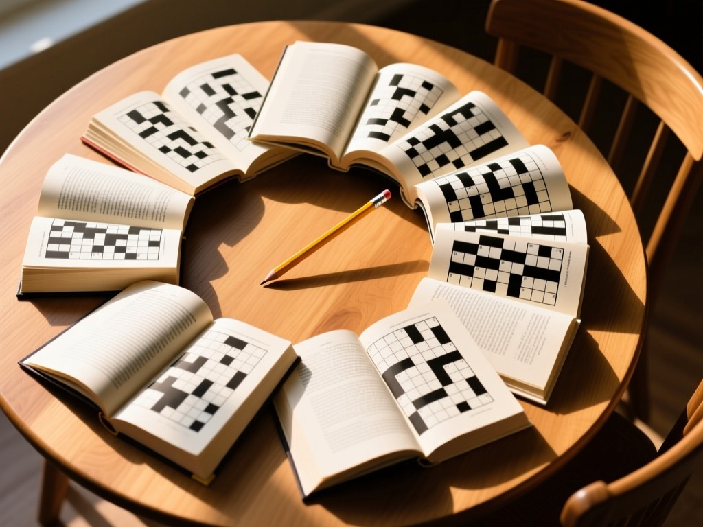 Aerial view of crossword puzzle books fanned out in a semicircle on a sunlit wooden table. A single pencil points toward the center. Represents organization and accessibility.