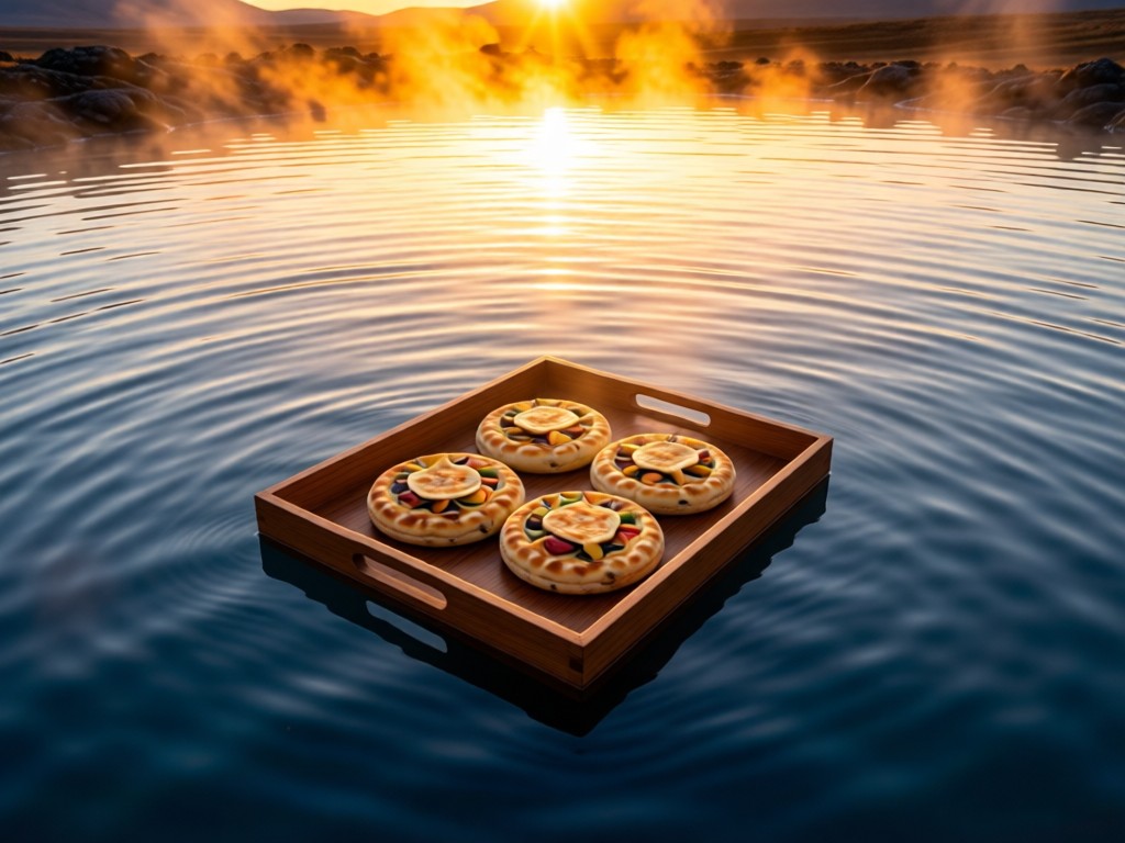 Aerial shot of steaming geothermal pool with wooden tray floating on water, holding traditional Icelandic flatkaka bread. Golden sunset reflects on water, symbolizing natural authenticity. No people.
