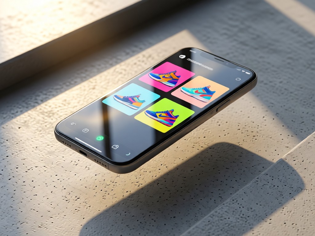 A modern smartphone floating above an abstract concrete surface. Its screen displays a vibrant sneaker portfolio with swipeable images. Soft morning light creates reflection on the screen. Minimalist tech aesthetic.
