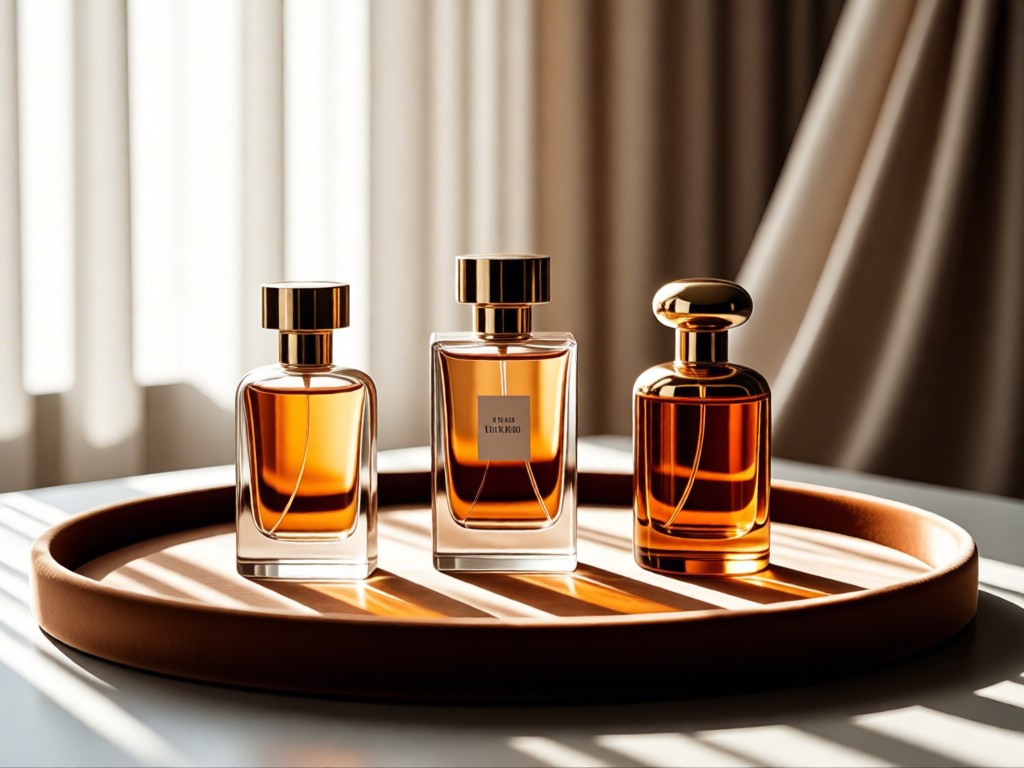 A curated display of three designer perfume bottles on a velvet tray. Soft window light creates reflections on the glass. Blurred background shows elegant drapery. Clean composition with breathing space.
