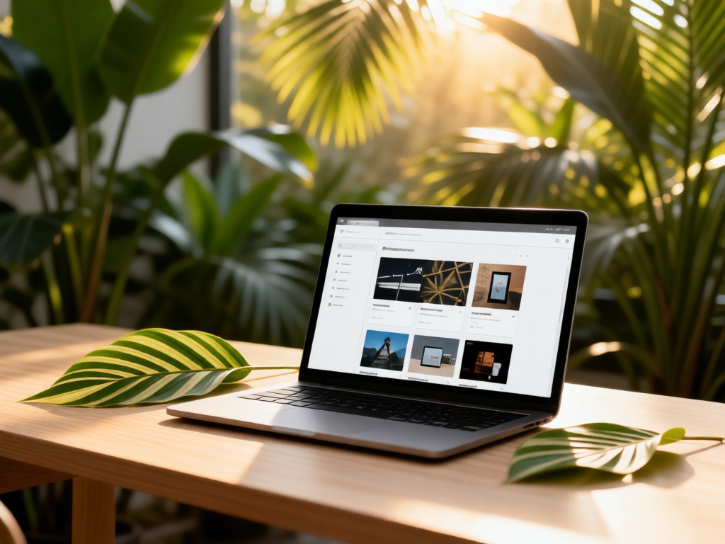 Minimalist desk setup with a laptop showing portfolio galleries next to native anahaw leaves. Soft focus on tropical plants in background with warm sunlight. No people.