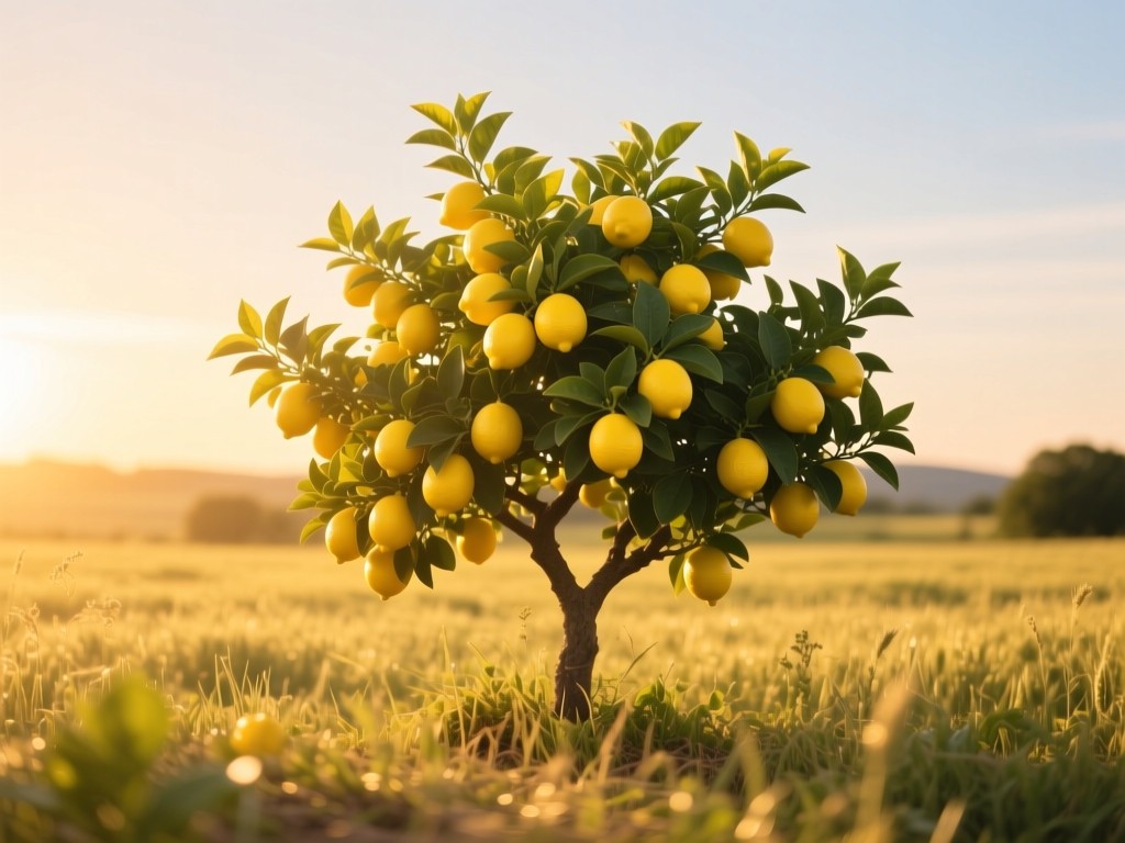 Single vibrant lemon tree in a sunlit field at golden hour, abundant fruit symbolizing growth and nourishment, warm glow, soft shadows, natural palette, no people.