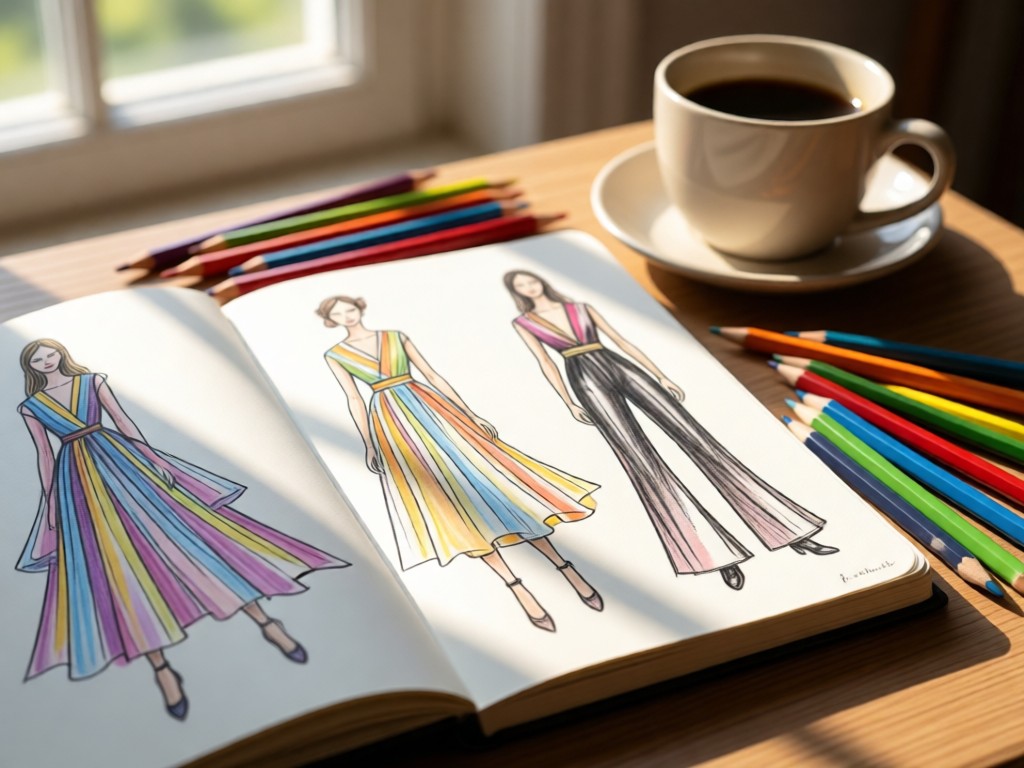 An open sketchbook showing fashion illustrations beside scattered colored pencils. Natural light falls across the page. A coffee cup sits nearby in soft focus. No people.