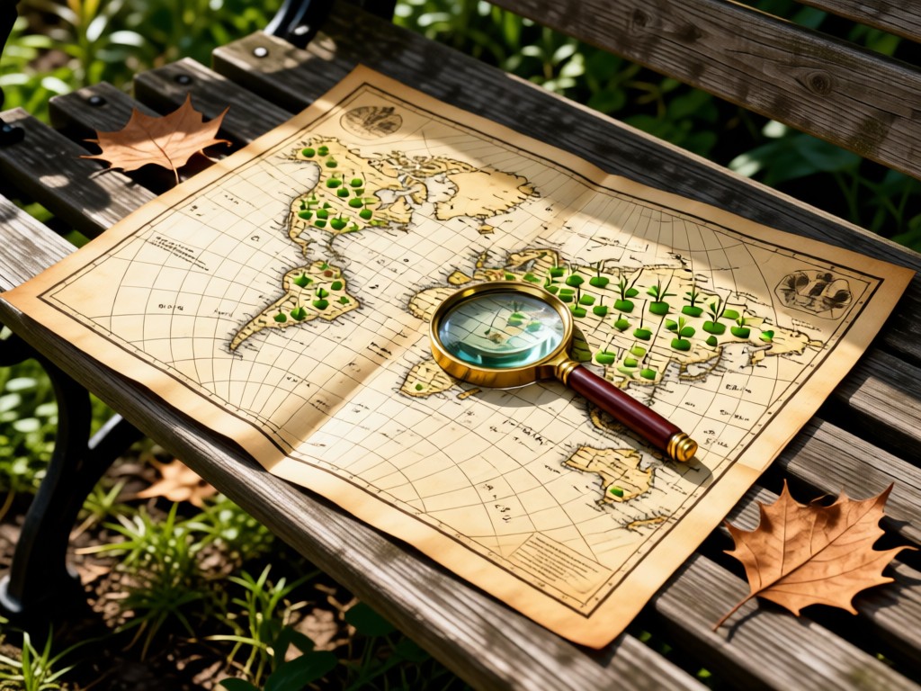 A vintage map spread on a garden bench with a magnifying glass resting on cultivated regions. Dried leaf accents nearby.