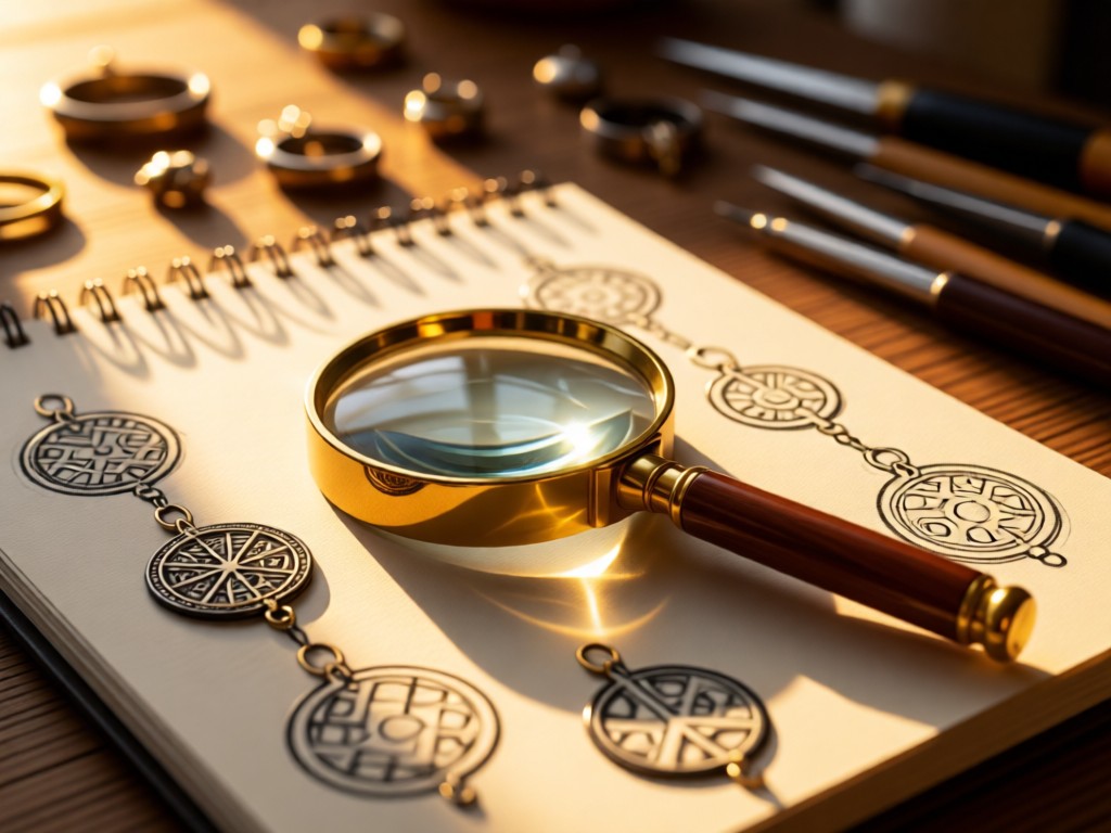 A magnifying glass resting on a sketchpad with Pandora charm designs. Golden hour light creates long shadows. Focus on the magnifying glass with blurred jewelry tools in background. No people in frame.