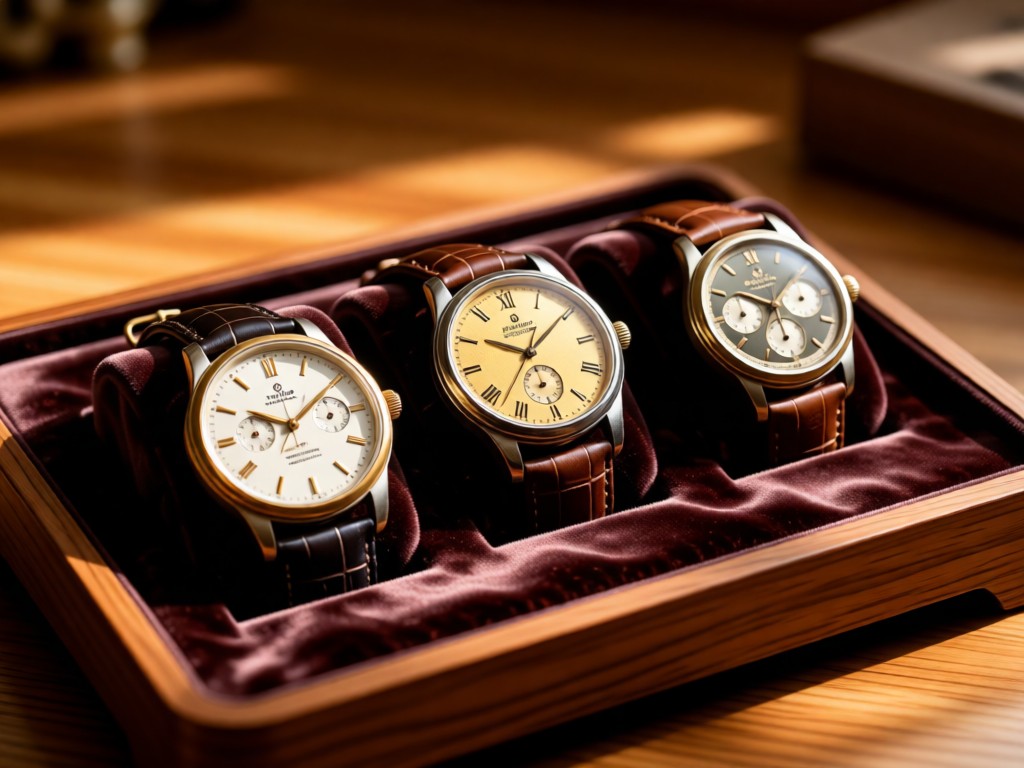 Three vintage Omega watches arranged on a velvet display tray. Soft directional light emphasizes their unique dial designs. Warm wood background with shallow depth of field. No people.