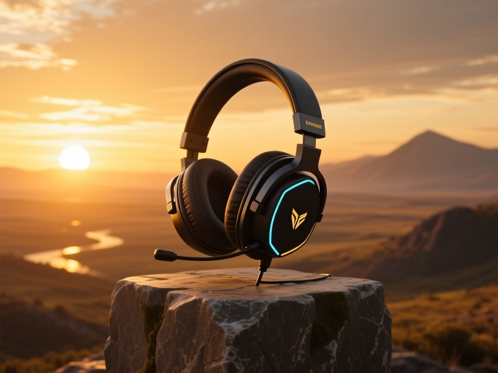 A lone premium gaming headset on a stone pedestal in a vast digital landscape at sunset, warm golden light symbolizing reach and impact, soft shadows, no people.