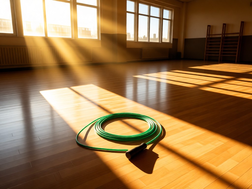Aerial shot of a single jump rope coiled on a clean gym floor. Sunbeams spotlight the rope through high windows. Symbolizes focus and readiness. Warm golden tones. No people.