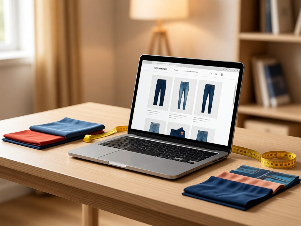 A minimalist desk with a laptop showing a clean product page for maternity jeans. Nearby, fabric samples and a measuring tape artfully arranged. Soft focus background with warm lighting.