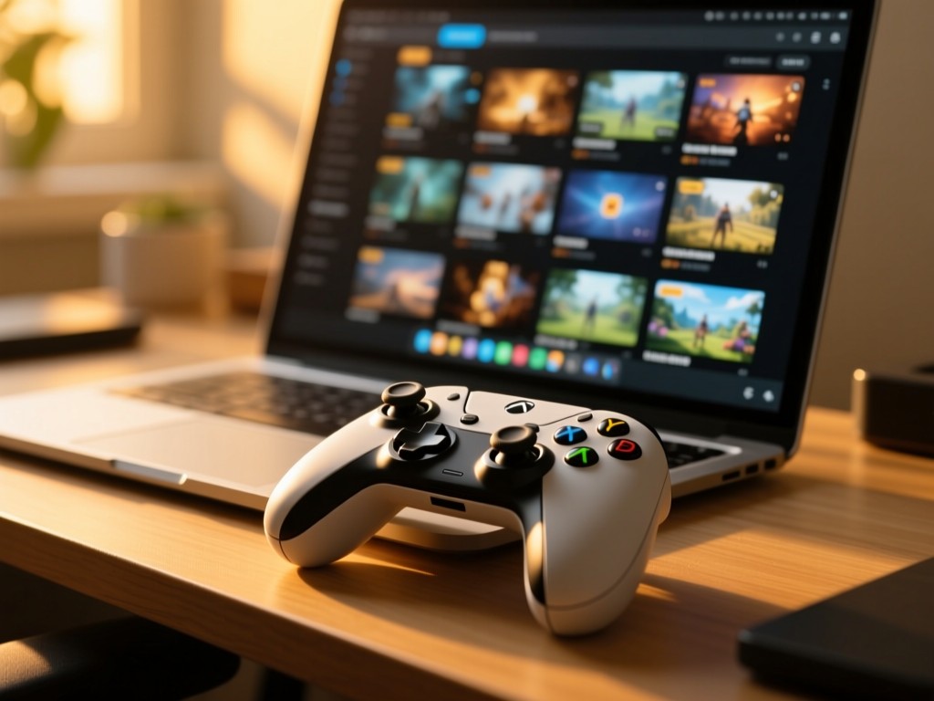 A modern gaming controller resting on a desk bathed in golden hour light, with a laptop screen showing organized gaming clips, soft natural lighting, shallow depth of field, warm tones, no visible text.