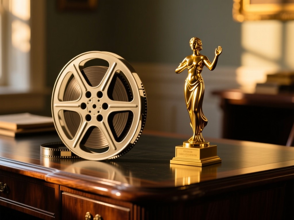 A vintage film reel and golden statuette on a dark walnut desk at golden hour, soft sunlight highlighting metallic textures, shallow depth of field, warm natural lighting, no people.