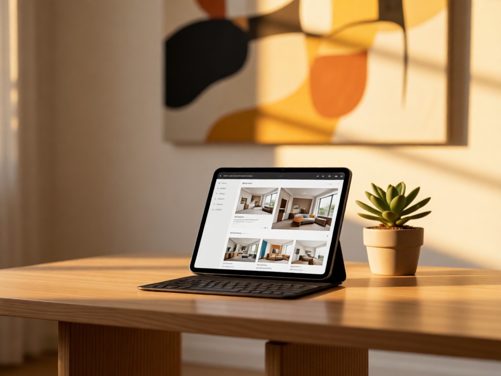 A minimalist coffee table with an open tablet showing a home design portfolio. Natural light highlights a small potted plant beside it. Soft focus on abstract wall art in the background. Golden hour ambiance. No people.
