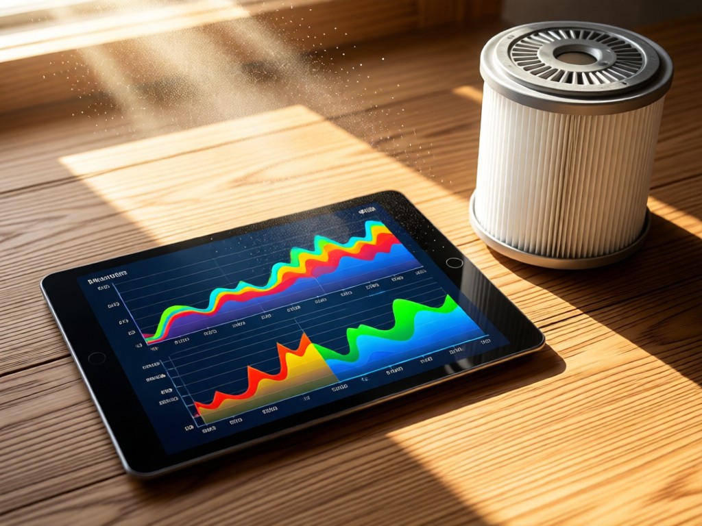 A tablet showing colorful air quality graphs beside a pristine filter. Sunlight catches dust particles above the screen. Natural wood background. No people.
