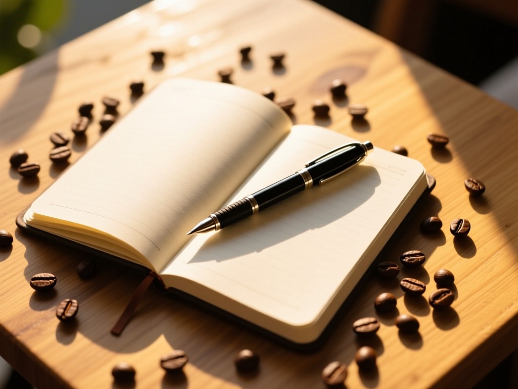 An aerial view of an open notebook with a pen resting atop it. Surrounded by scattered coffee beans on a sunlit wooden table. Symbolizes focus and creative energy. Golden hour lighting. No people.