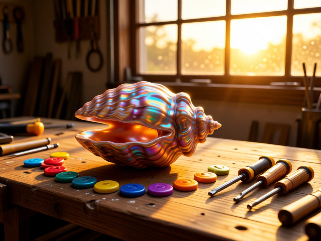 Custom Vita shell with colored buttons beside tiny screwdrivers on a workbench. Golden hour light through garage window. No people.