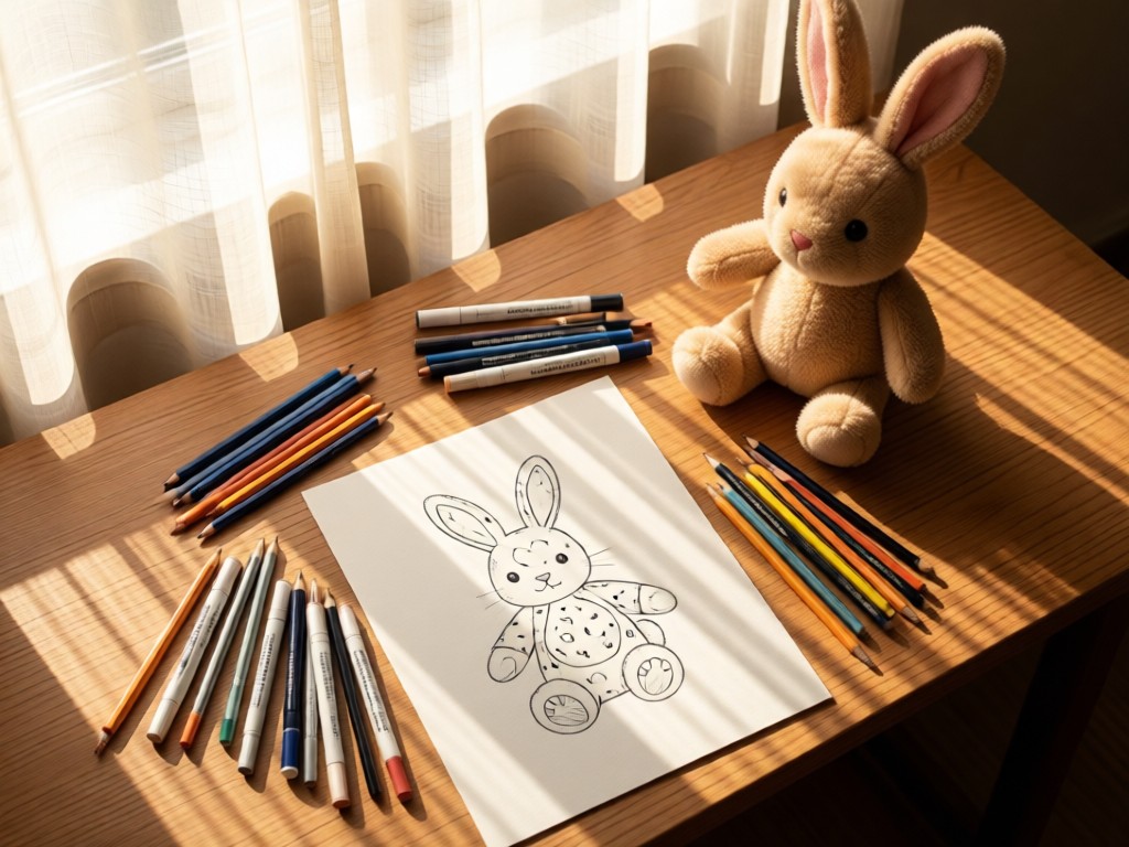 Overhead shot of sketching tools: pencils, fabric markers, and pattern paper beside a half-finished plush bunny. Morning light through sheer curtains. No people.