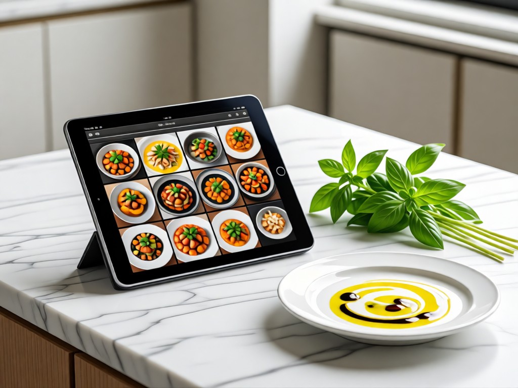 Minimalist marble countertop with an open tablet displaying a grid of restaurant dishes. Beside it, fresh basil sprigs and olive oil drizzle on white ceramic. Soft focus background. Natural light.