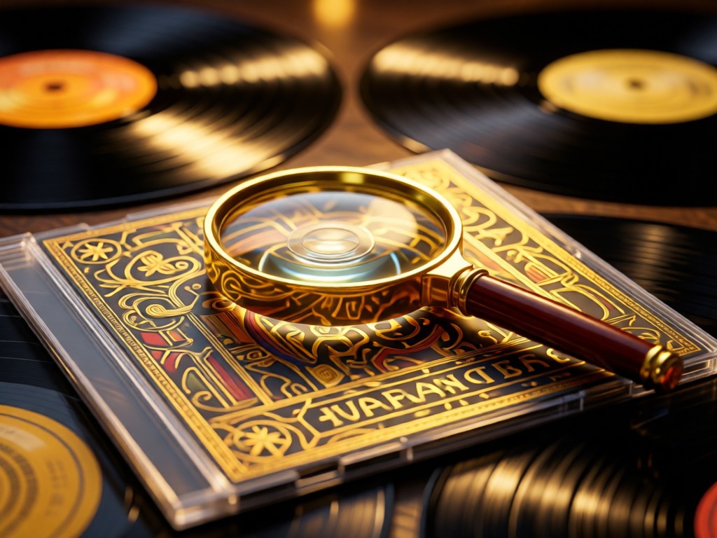 A magnifying glass resting on a rare CD booklet. Golden light reveals intricate cover art details. Warm bokeh background of vinyl records. No people.