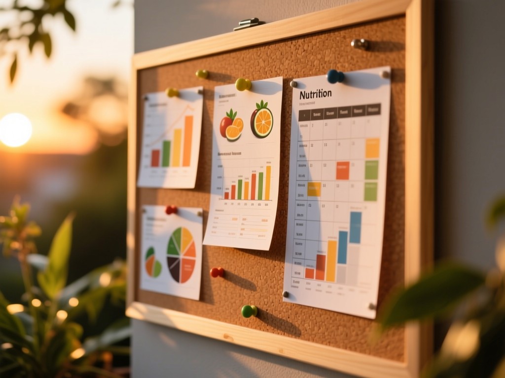A clean corkboard with pinned nutrition charts and workout schedules during sunset, warm backlighting, blurred plants in background, shallow focus, natural textures, no visible text.