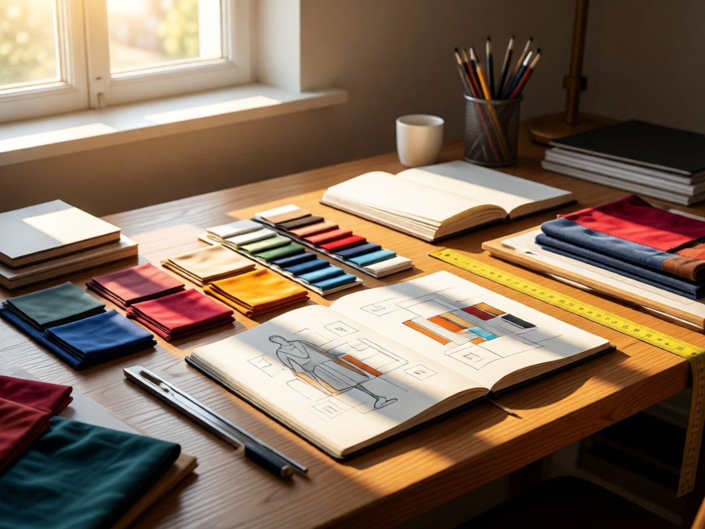 A designer's desk with fabric swatches, sketchbook, and measuring tape bathed in morning light. Creative and organized atmosphere. No people.