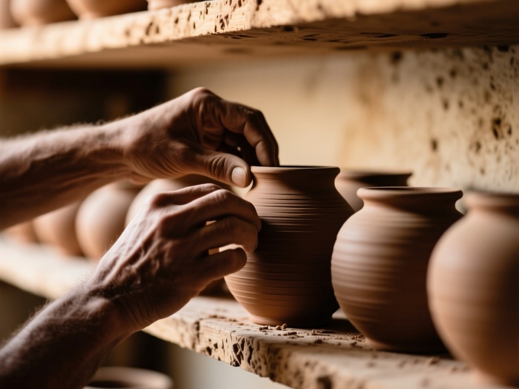 Close-up of artisan hands arranging handmade ceramics on a rustic shelf. Warm light emphasizes textures and earthy tones. Background softly blurred. No people visible.
