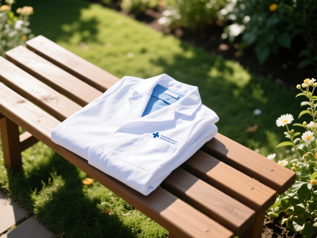 An aerial view of a pristine white lab coat neatly folded on a wooden bench in a sunlit garden. Symbolizes professionalism and clarity in healthcare. No people.