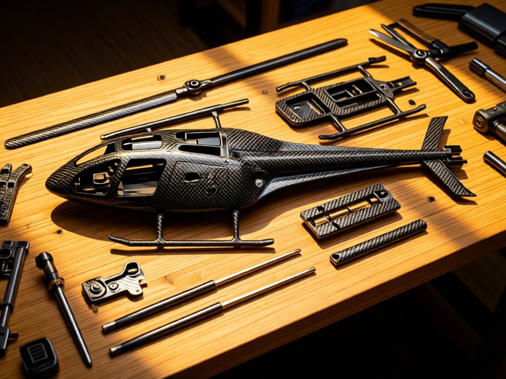 Top-down shot of disassembled RC helicopter parts arranged neatly on a wooden workbench. Golden light highlights carbon fiber textures. Organized and professional. No people.