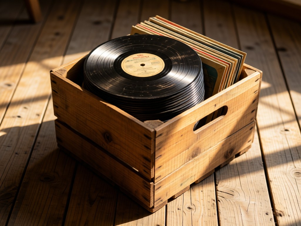 A stack of vintage vinyl records on a rustic wooden crate. Warm sunlight highlights textured grooves and faded labels. Soft shadows extend across weathered floorboards. Nostalgic yet clean aesthetic. No people.