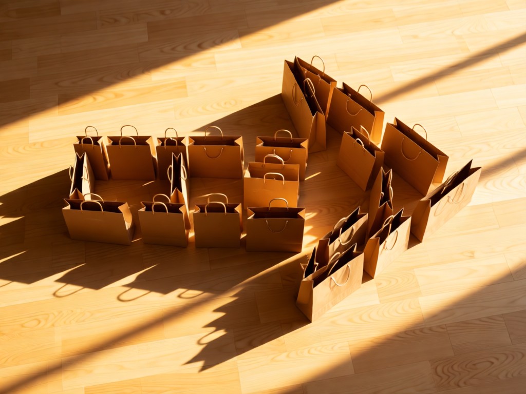 Overhead shot of shopping bags forming an arrow on light wood floor. Golden hour lighting creates directional shadows. Symbolizes clear navigation and purpose. Clean composition. No people.