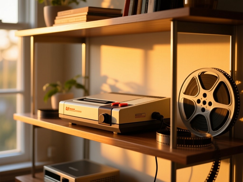 Retro gaming console glowing warmly on a mid-century modern shelf during golden hour, soft light from window, film reels nearby, natural colors, no people.