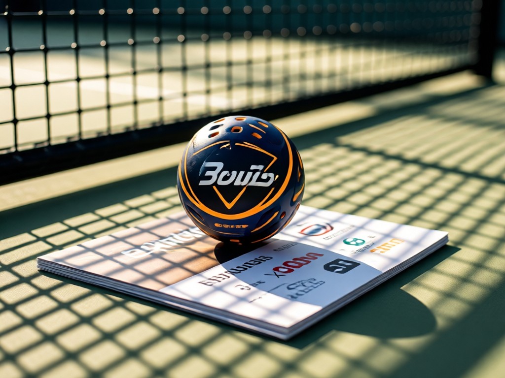 A branded padel ball resting on sponsor brochures. Sunlight filters through court fencing creating striped shadows. Medium saturation colors with aspirational mood. No people.