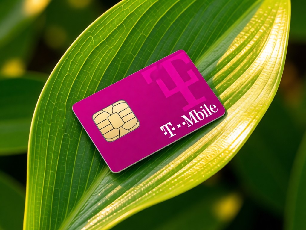 Aerial view of T-Mobile's signature magenta SIM card centered on a fresh green plant leaf. Golden sunlight highlights the metallic edges. Symbolizes growth and connectivity. No people.
