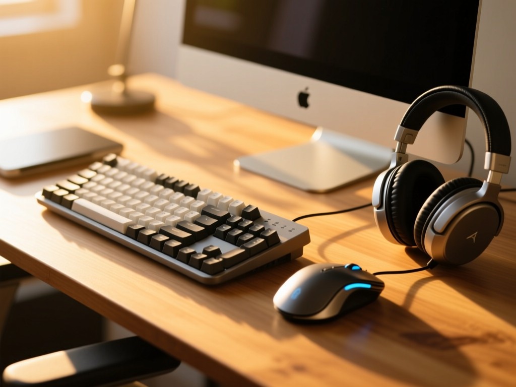 Sleek computer accessories arranged on a wooden desk during golden hour: mechanical keyboard, ergonomic mouse, and headphones bathed in warm sunlight, shallow depth of field, minimalist composition, no text.