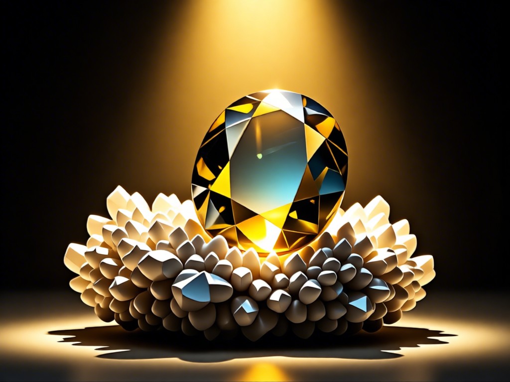 Polished gemstone resting on raw mineral cluster under museum-style spotlight. Golden backlight creates dramatic contrast. No people.