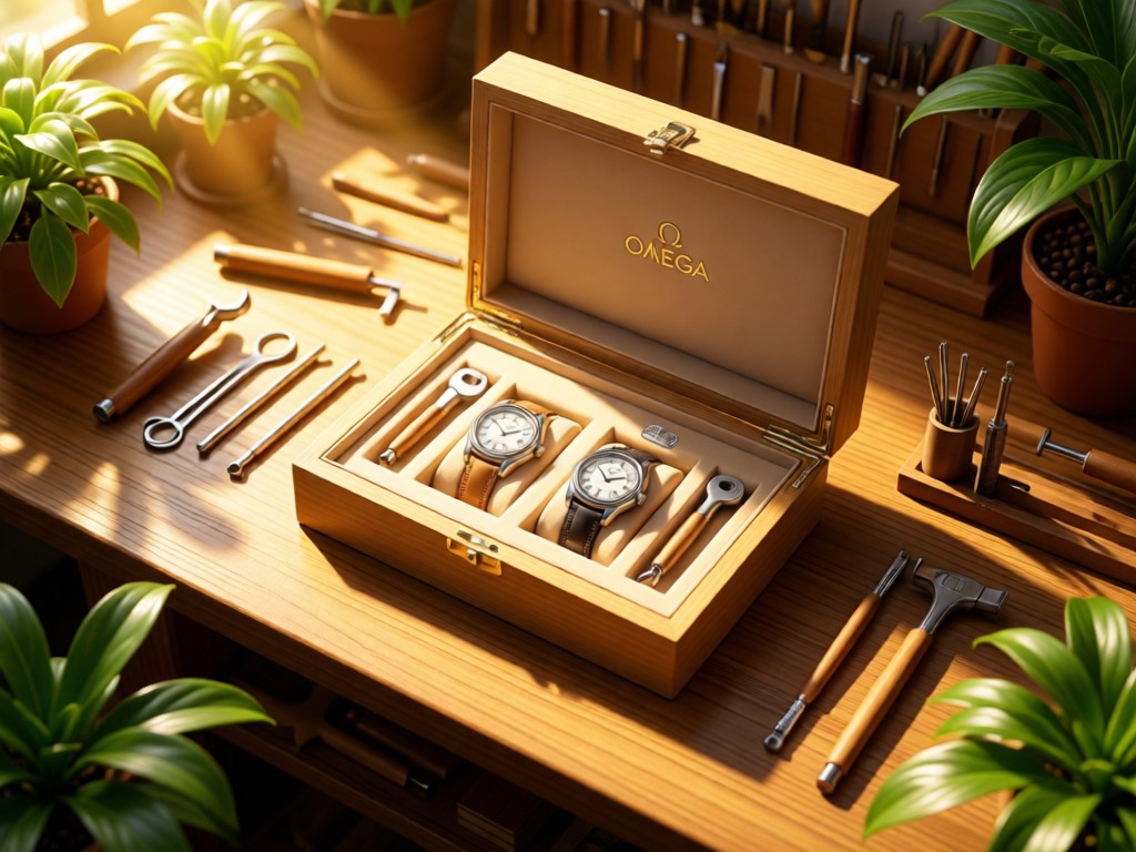 An aerial view of an Omega box set with watch tools on a sunlit workbench. Golden light highlights the precision instruments. Green plants frame the composition. Symbolizes craftsmanship and organization. No people.