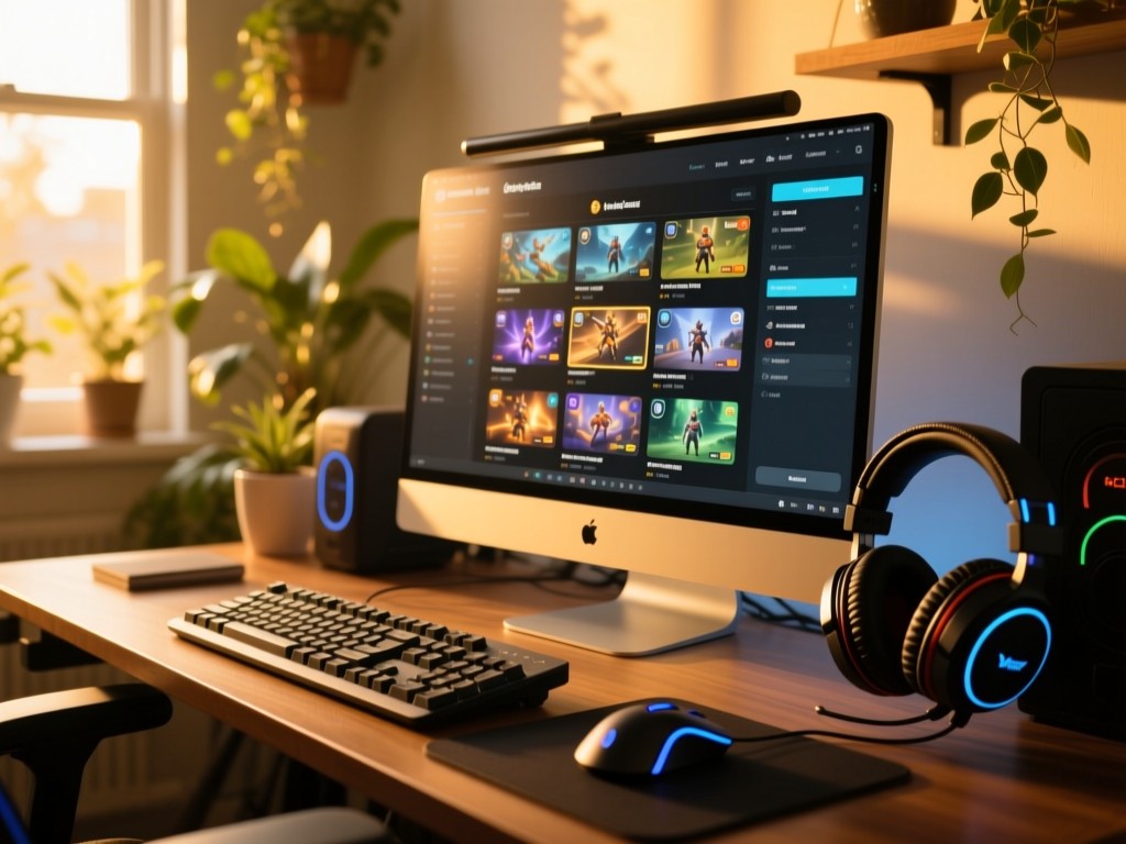 Gaming setup at golden hour: keyboard, mouse, and headset on a desk with monitor showing organized game highlights portfolio, warm sunlight streaming through window, plants in background, soft natural lighting, shallow depth of field, no people.