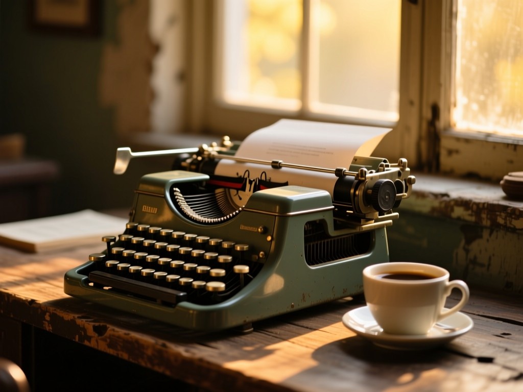 An antique typewriter on a rustic desk during golden hour, soft sunlight streaming through a window, casting warm glows and soft shadows, a cup of coffee nearby, shallow depth of field.