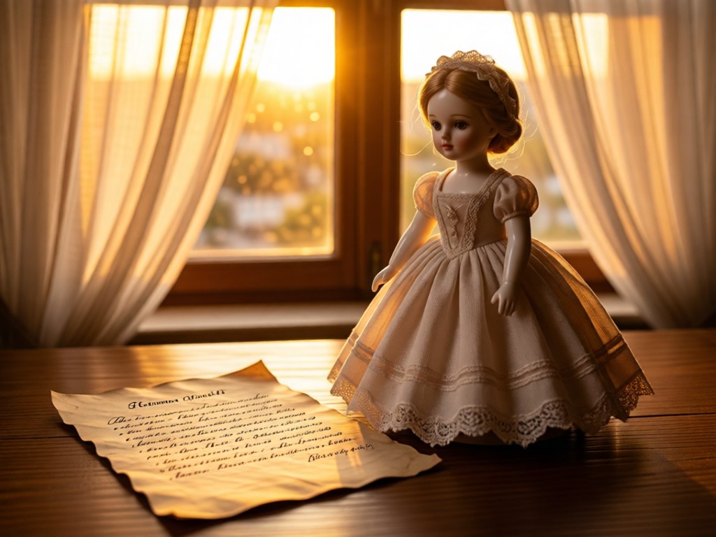 A delicate porcelain doll (última muñeca) beside handwritten ceremony notes on aged paper. Warm sunset glow through gauzy curtains.