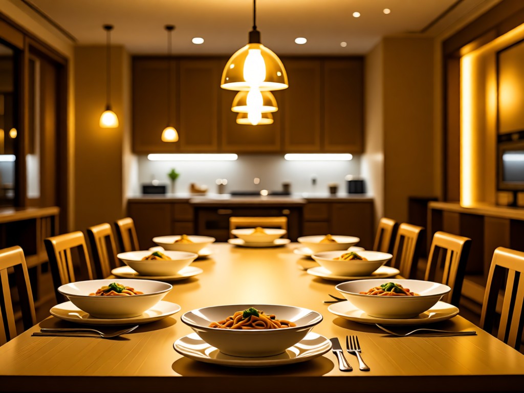 Empty dining table set with elegant pasta bowls under pendant lights. Golden ambiance with blurred kitchen pass in distance. No people.