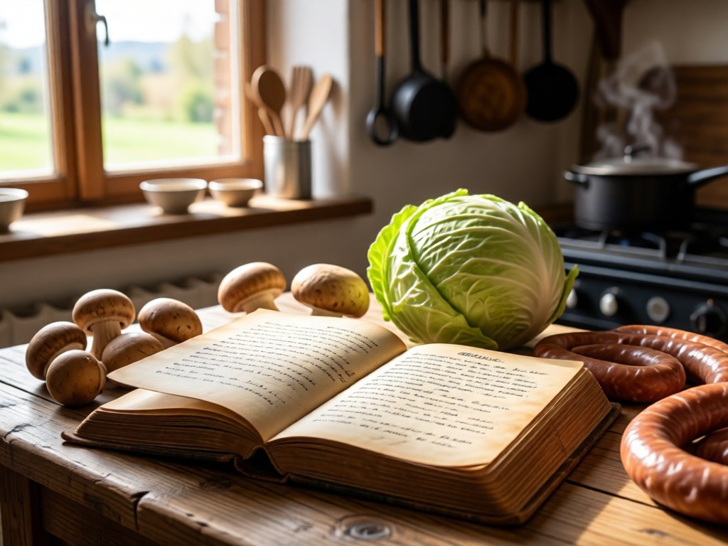 An open, weathered recipe book with handwritten notes next to fresh Polish ingredients: mushrooms, cabbage, and sausage. Natural light from a farmhouse window illuminates the textures. Soft focus background with cooking utensils.