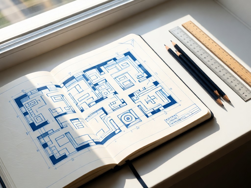 Top-down view of sketchbook showing game level blueprints. Pencils and rulers arranged neatly beside it. Natural light from window illuminates paper textures. Minimalist layout. No people.