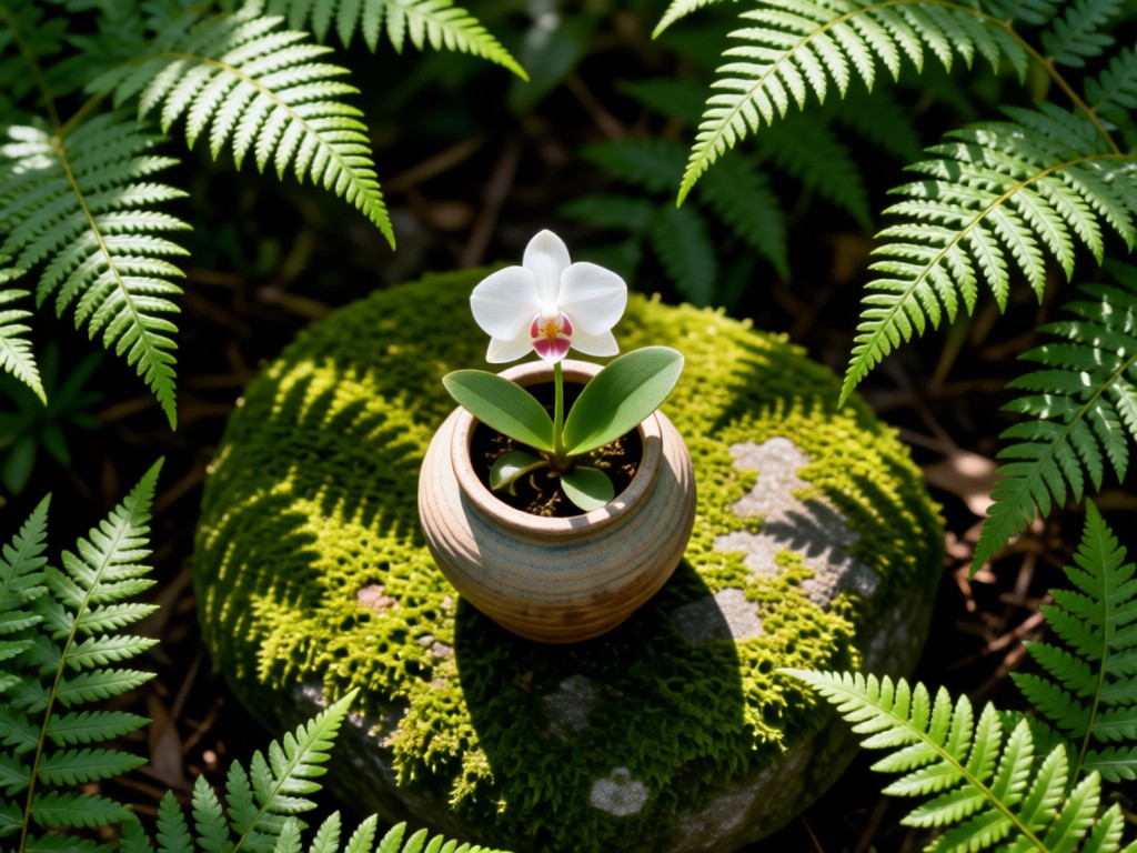 An aerial view of a single pristine orchid in a hand-thrown ceramic pot, centered on a moss-covered stone. Surrounding ferns create natural framing in dappled forest light. Symbolizes focus and natural beauty. No people.
