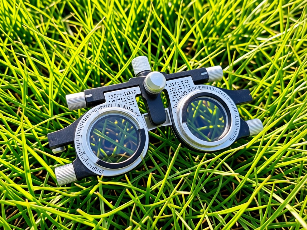 An overhead shot of a single, precision-crafted optometry lensometer resting on fresh green grass in a sunlit meadow. Symbolizes clarity and focus. No people.