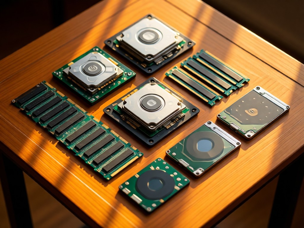 Overhead shot of neatly organized PC parts on a wooden table. CPU, RAM sticks, and SSDs arranged geometrically. Golden hour lighting creates warm reflections. No people.