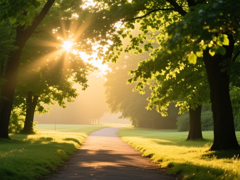 Sunlight filtering through tree leaves onto an open pathway during golden hour, symbolizing discovery, soft warm glow, vibrant greens, natural color palette, no people.