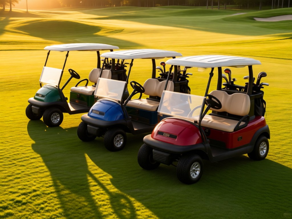 Three premium golf carts in different colors arranged diagonally on golf course turf. Late afternoon sun highlights their contours and clean lines. No people.